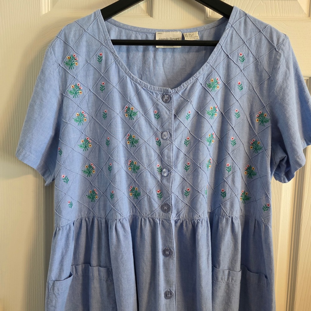 Vintage Amanda Stewart Blue Embroidered Floral Button Front Midi Dress XL